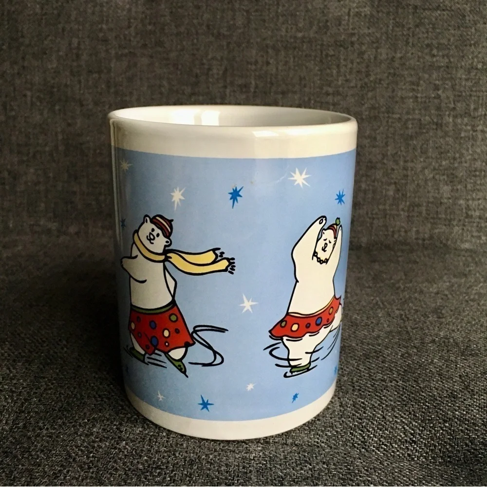 Ice Skating Bears Coffee Mug, Blue, White, 12 oz